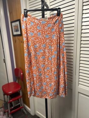 Nwot Maeve Anthropologie Orange Floral Midi Skirt with Blue Accents